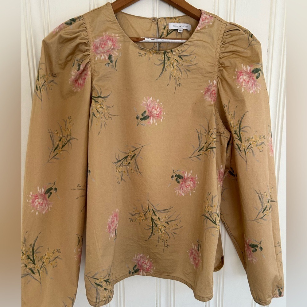 Rebecca Taylor M Floral Long Puff Sleeve Blouse Tan Pink Coquette Cottage Spring